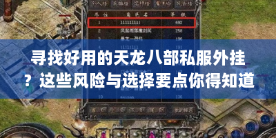 寻找好用的天龙八部私服外挂？这些风险与选择要点你得知道