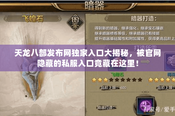 天龙八部发布网独家入口大揭秘,被官网隐藏的私服入口竟藏在这里! 天龙八部发布网独家入口大揭秘,被官网隐藏的私服入口竟藏在这里!